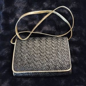 La REGALE Vintage Black Straw Purse with Gold Trim and Strap